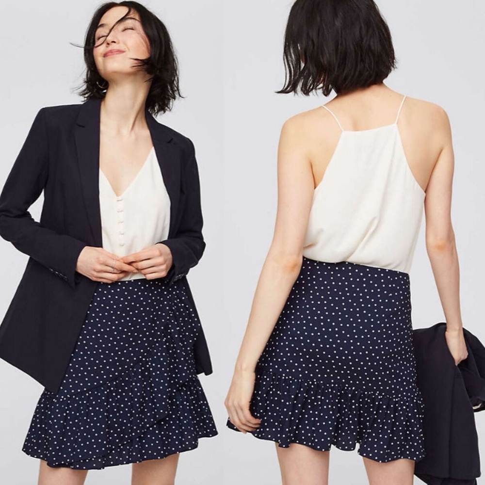 Ann Taylor Loft Dot Ruffle Wrap Effect Navy Blue Womens Size 12 Mini‎ Polka Zip